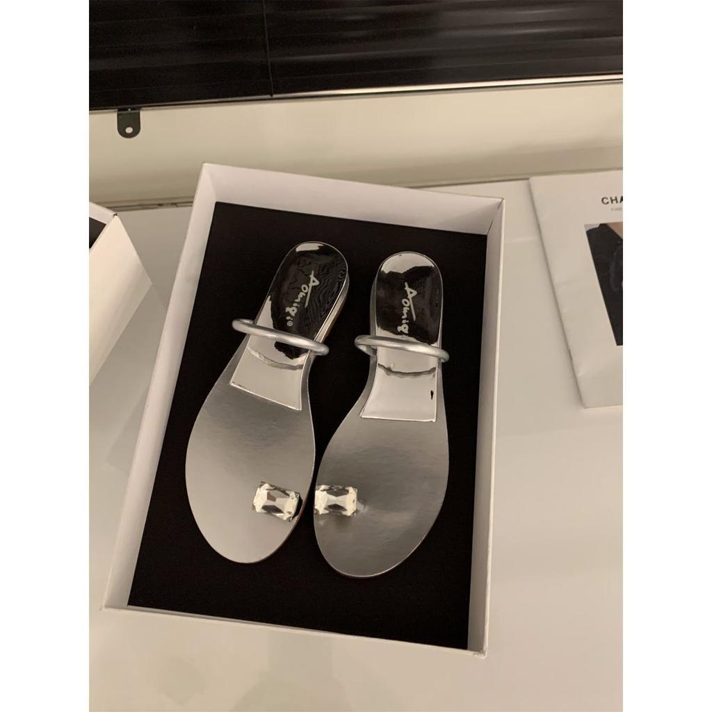 Internet Celebrity Explosion Pigeon Egg Rhinestone French Cool Slippers Fairy Shoes 2025 Summer Wear Wedge Heel Set Toe Sandals