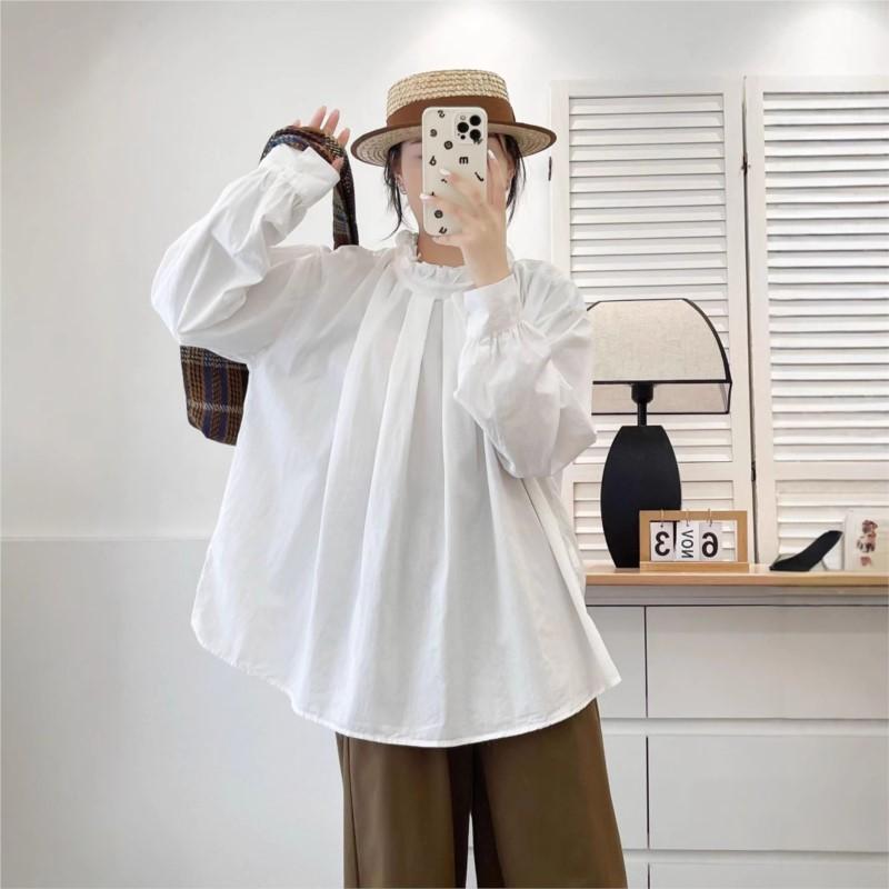 Johnature Japanese Fungus Stand-Up Collar Press-Pleated Top Women Spring Loose Versatile French Tops