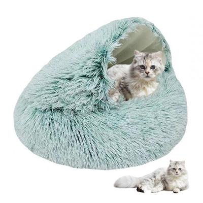Round Hooded Cat Bed Winter Fluffy Pet Bed Cave Plush Donut Calming Cat Nest Bed Cozy Pet Nest for Cats And Dogs