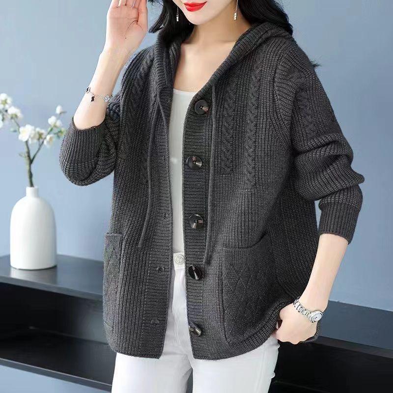 Spring-Autumn Women s Hooded Knit Cardigan - Loose and Thick for Middle-Aged and Elderly Moms 6XL (165-180 Jin) серый