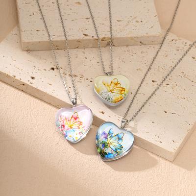 New Heart Butterfly Delicate Glass Reversible Necklace Pendant Flower Simple Niche Women's Necklace