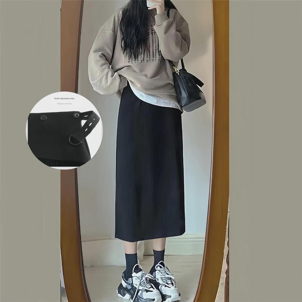 Fustă lungă de maternitate cu talie înaltă și crăpătură, în formă de A, pentru toamnă/iarnă