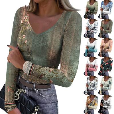 Women's Winter Slim-Fit Base Layer T-Shirt Fashionable Print V-Neck Pullover Long-Sleeved Top