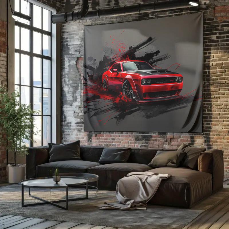 Stylish Red Muscle Car Decorative Wall Hanging Surrealist Style Tapestry