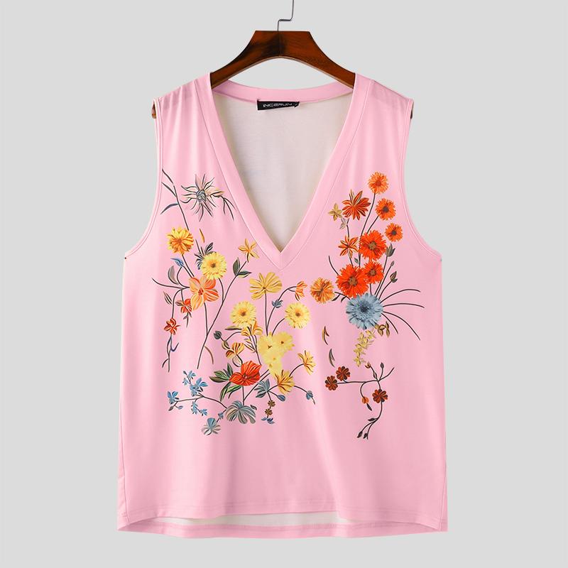 

INCERUN Мужской летний жилет с цветочным принтом, повседневные свободные топы без рукавов 4XL розовый
