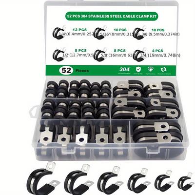Set di 52 pezzi di fascette metalliche resistenti, 6 misure, gomito a 30 gradi, raccordo per tubo tondo, acciaio inossidabile con cuscinetto in gomma, fascette per tubo per una presa sicura