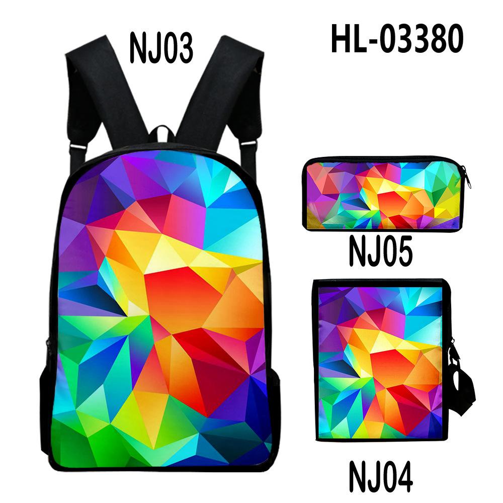 Classic Novelty Creative color blocking 3D Print 3pcs/Set School Bags Laptop Daypack Backpack Inclined shoulder bag Pencil Case