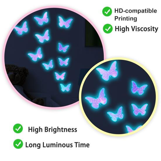 Yousheng Glow in The Dark Butterfly Wall Decals, Luminous Butterfly Stickers, Colorful Removable Self-Adhesive Decals for Girls Bedroom, Kids Baby