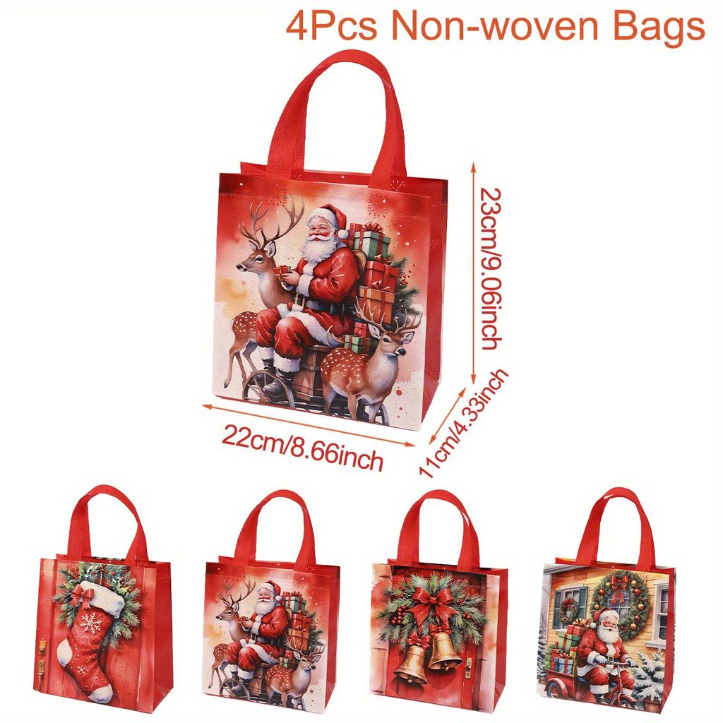 6Pcs Christmas Reusable Tote Bags Non-Woven Holiday Gift Bags Handles Santa Claus Tote Bag Christmas Decorations for Home