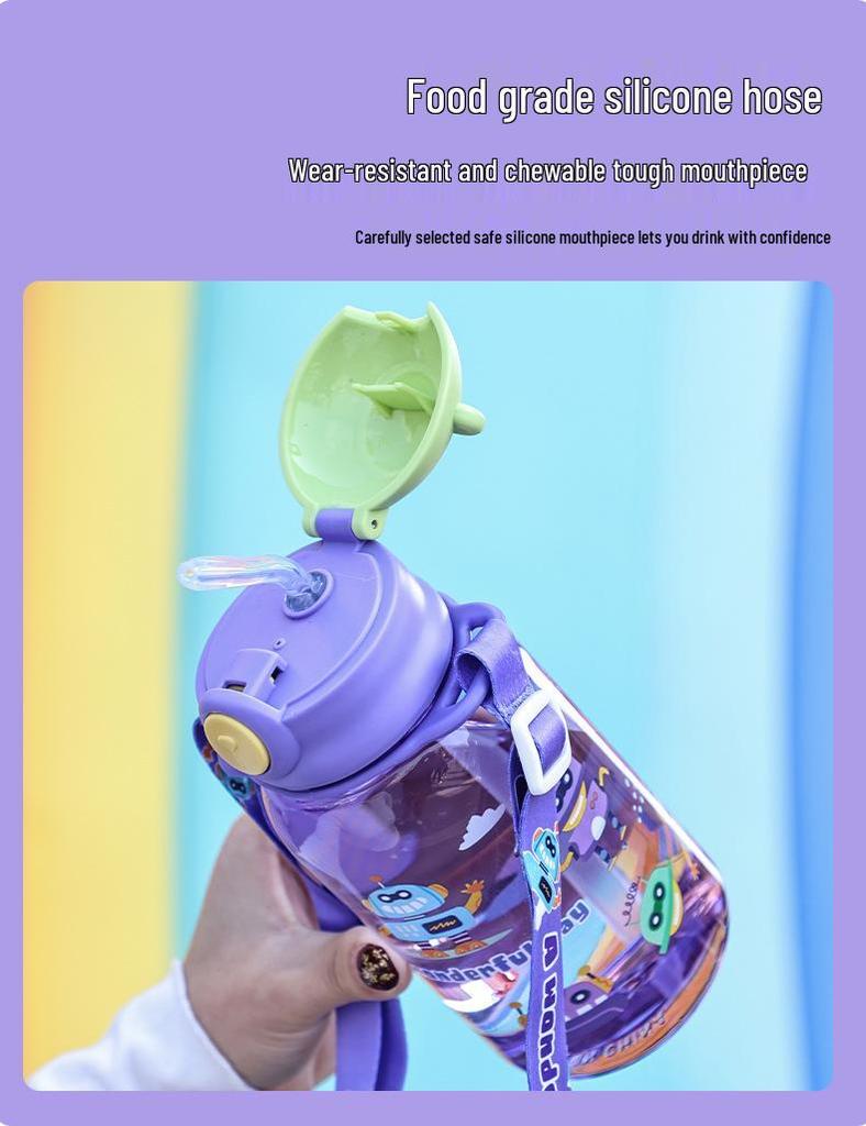 Portable Children's Straw Water Bottle with Strap for Elementary Students