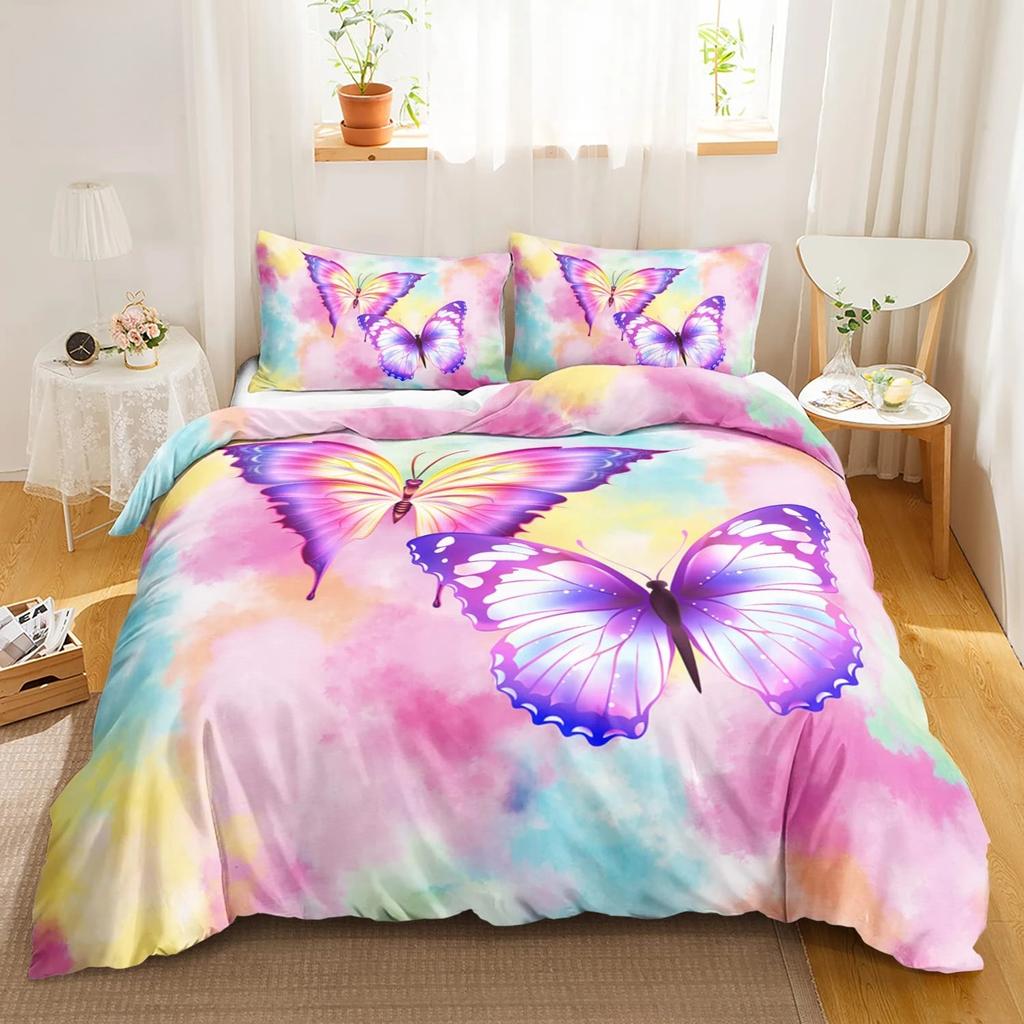 Butterfly Duvet Cover Set Full Size,Rainbow Butterfly Bedding Set For Girls,Rainbow Butterflies Comforter Cover Set,Pink Purple