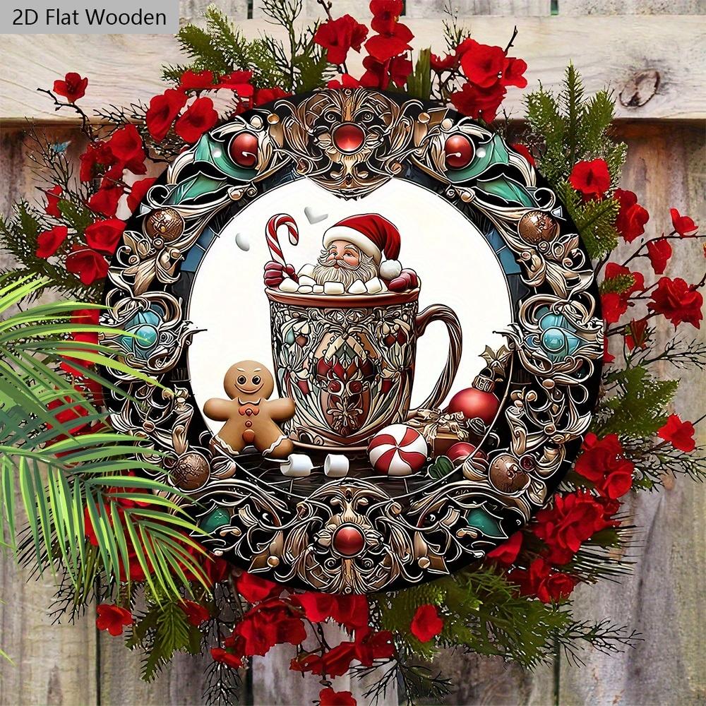 Christmas Hot Cocoa Wooden Sign with Santa Claus & Gingerbread Man Pattern - Navidad Sign for Front Door, Wall Hanging Decor - Ideal Christmas Decor