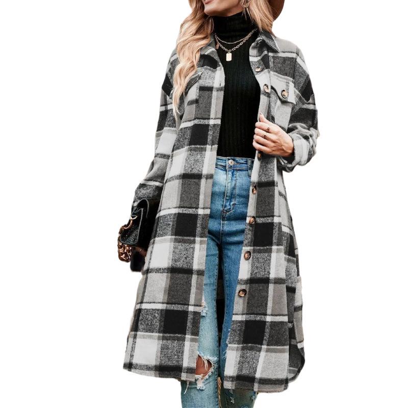 Women's Mid-Length Plaid Long Sleeve Loose Woolen Coat for Autumn/Winter, Plus Size