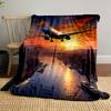 "Airplane Flying Over Sunset Cityscape" Patterned Blanket, Flannel, Suitable for All Seasons, Home Decor, Warm and Cozy