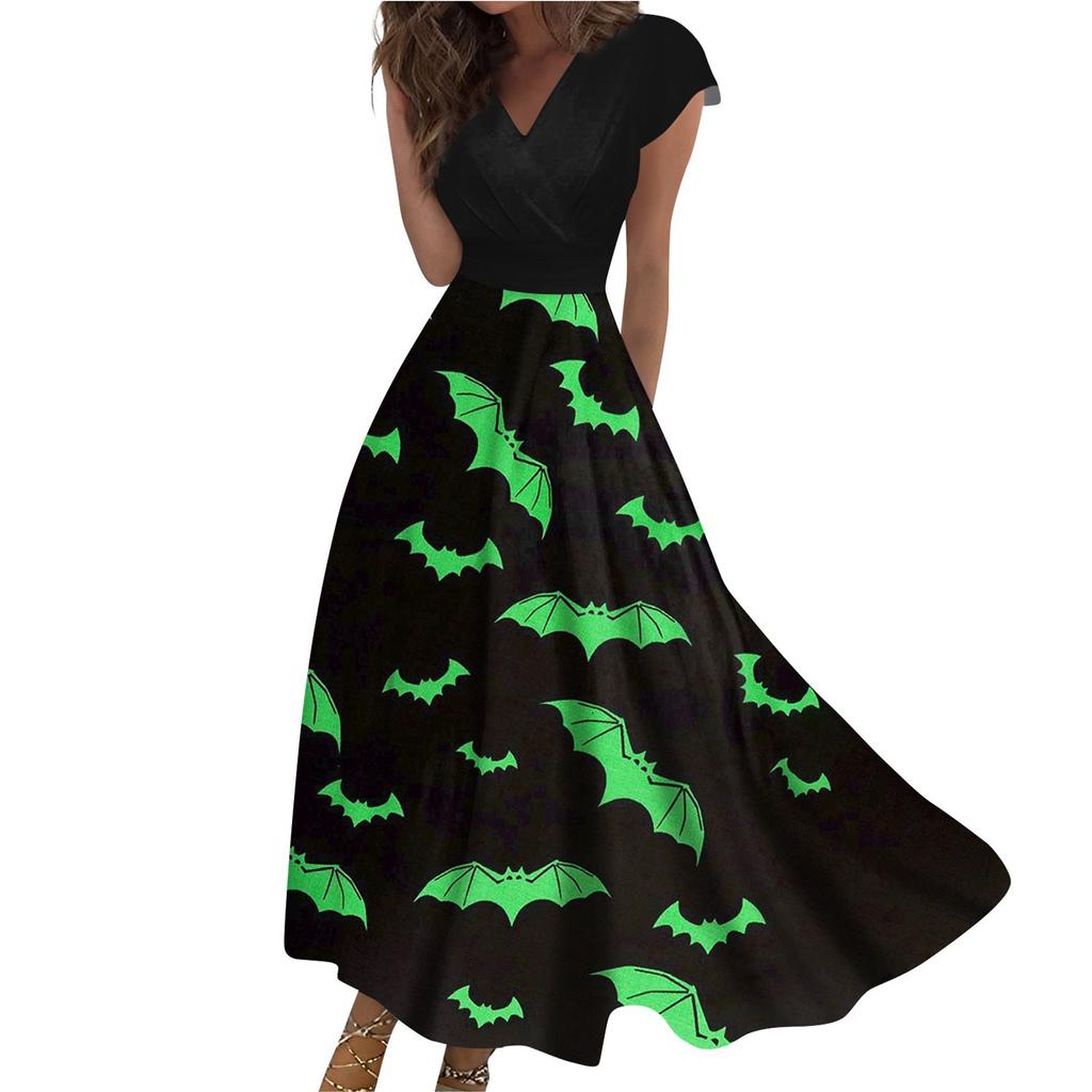 Women's Long Dress Maxi Dress Casual Dress Casual Short-Sleeve V Neck Boho Waist Halloween Printed Dress