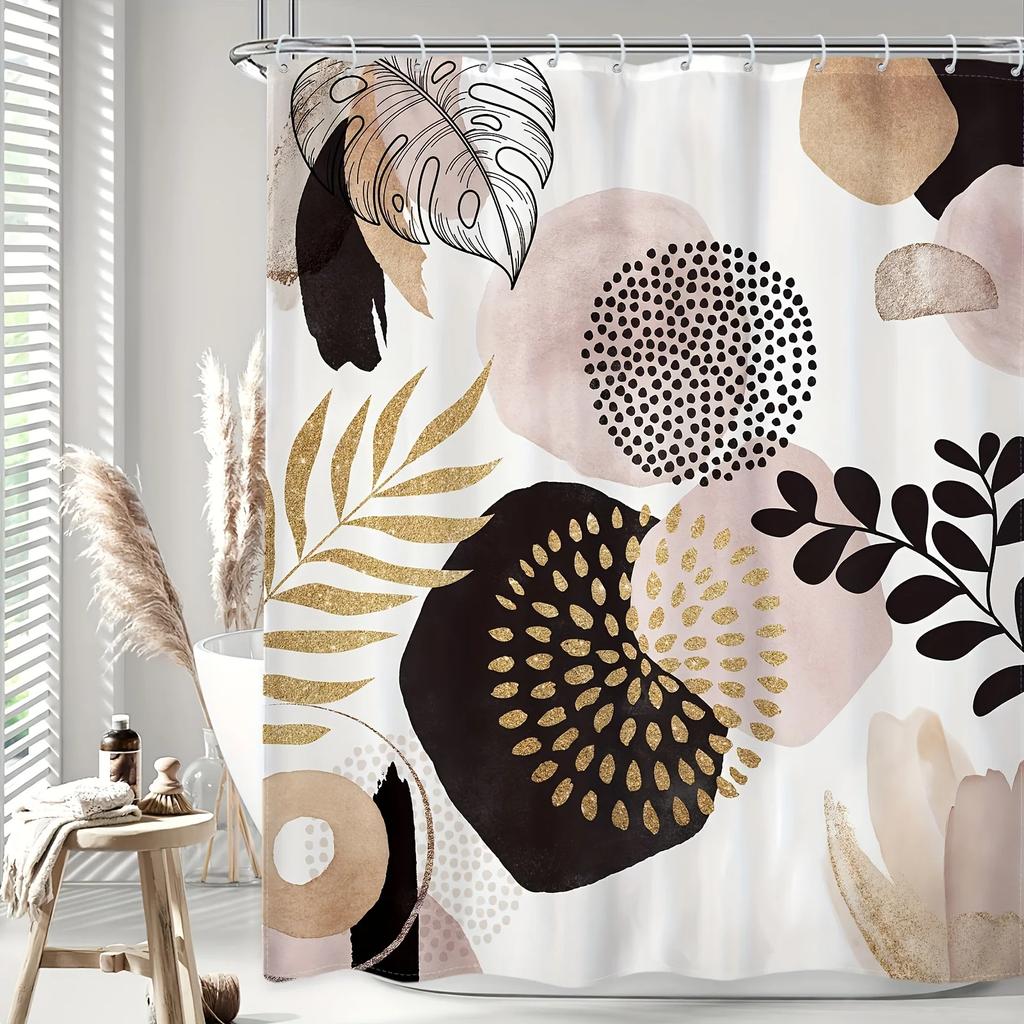 Boho Abstract Shower Curtain Set, Black Pink Gold Leaves, Modern Minimalist Bathroom Decor, Fabric, 12 Plastic Hooks