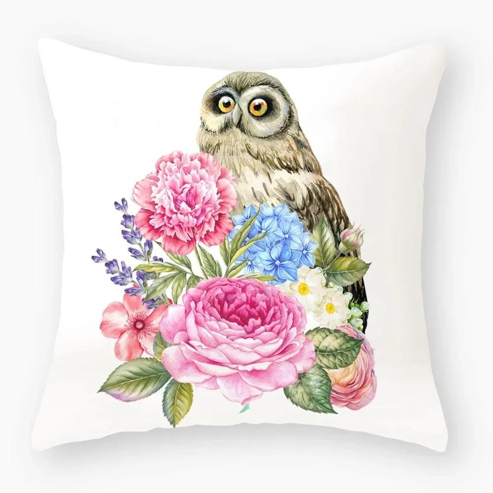 Fashionable Luxury Home Decor Office Seat Cushion Cover Owl Floral Plant Pattern Printed Throw Pillow Cover