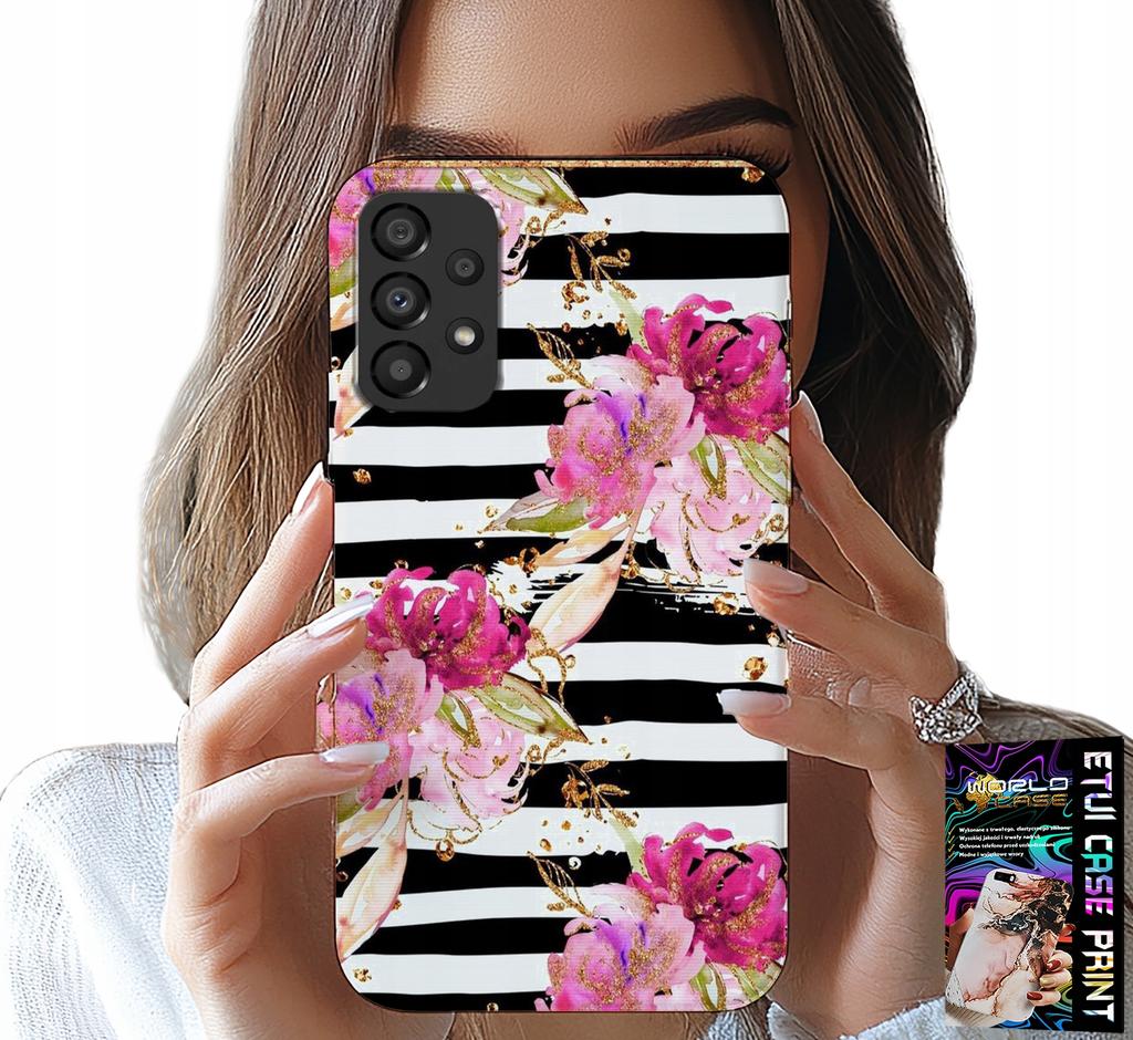 Etui Do Samsung Galaxy A23 5G - Kwiatki W Czarno - Białe Paski Wzory