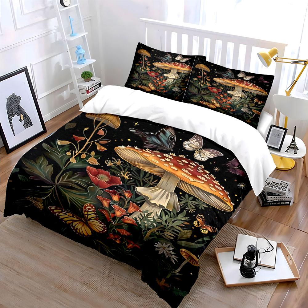 Vibrant Mushroom Grove with Fluttering Butterflies Print Bedding Set 1 Duvet Cover 2 Pillowcases for Adult and Children Gift