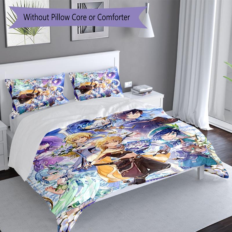 3pcs Genshin Impact pattern bedding set duvet cover set includes duvet cover &pillowcases, perfect all season bedroom decoration & gift