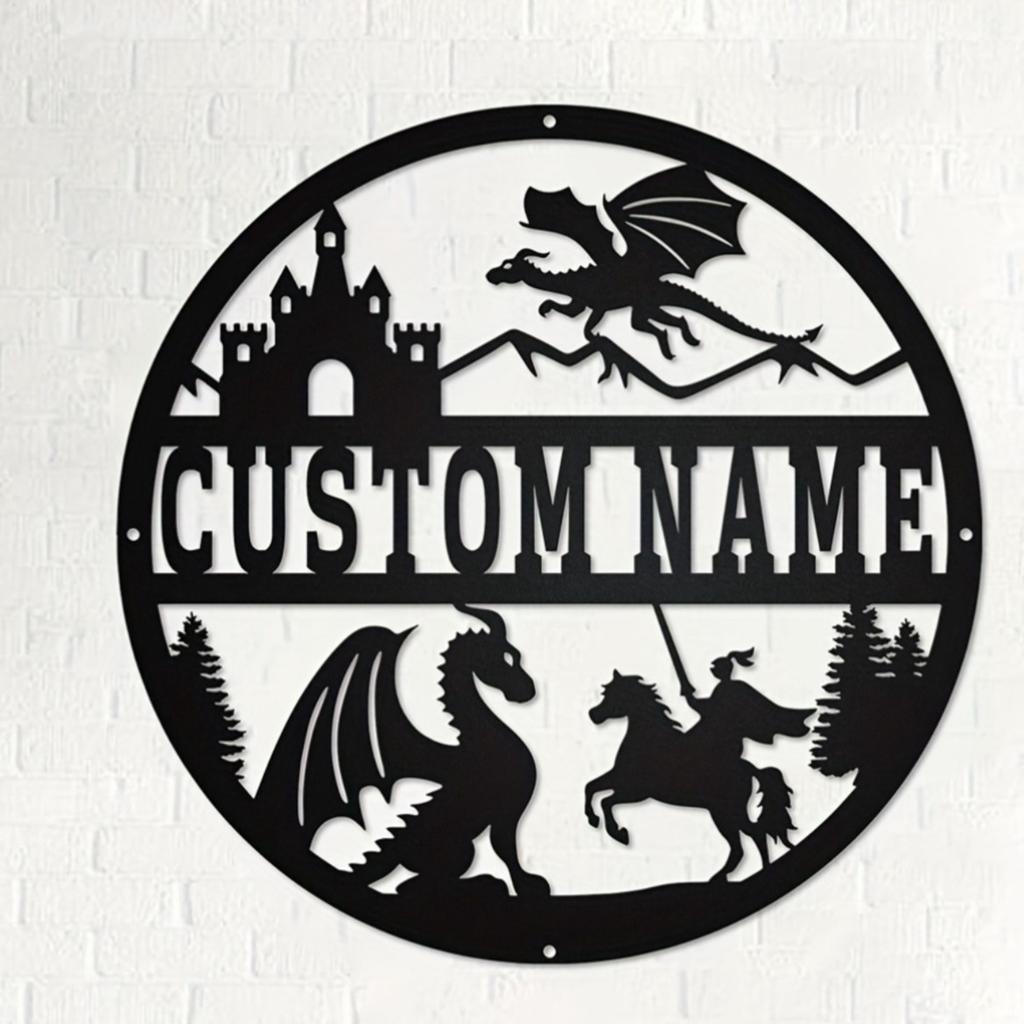 Personalized Fantasy Knight Dragon Metal Wall Art Custom Name Round Sign Deco Hot Sale Home Garden Kitchen