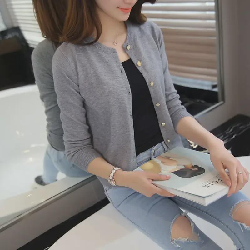Women's Slim Round Neck Knitted Cardigan - Lightweight, Solid Color Sweater for Spring and Autumn