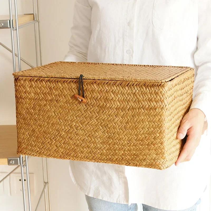 Multi-Purpose Vintage Straw Woven Storage Basket Retro Grass-Braided Container Gift Packaging Box Desktop Living Room Storage