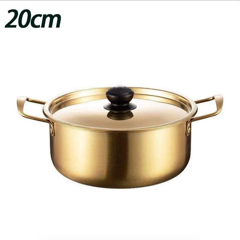 Korean Style Ramen Pot Stainless Steel With Lid Soup Pot Gold Plated Double Ear Hot Pot Camping Cookware