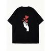 Black Oversized T Shirt With White Hand And Red Hearts Print For Casual Wear