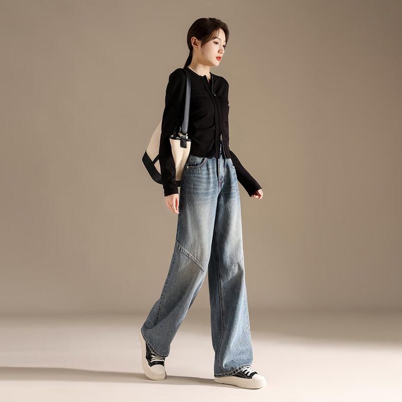 RAIN.CUN Women's High-Waist Embroidered Loose Wide-Leg Jeans