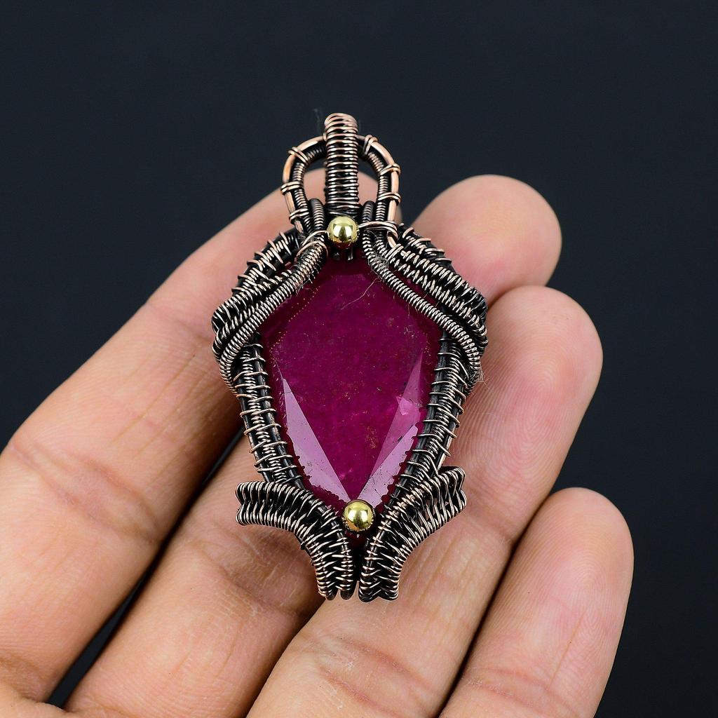 Lab-Created Ruby Gemstone Copper Wire Wrap Handmade Pendant Jewelry Gift For Love
