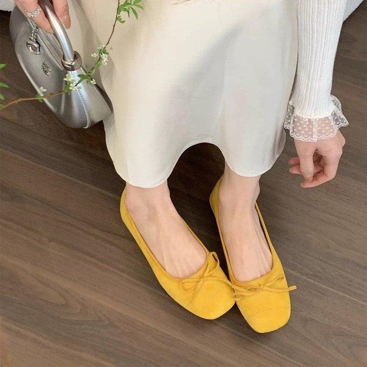French bow heightening ballet shoes women's 2025 autumn new yellow flat bottom shallow mouth single shoes evening shoes