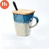 Creative Flow Glaze Square Coffee Mug With Spoon and Lid Retro Tea Cup Simple Household Matte Color Ceramic Milk Water Cup Gift