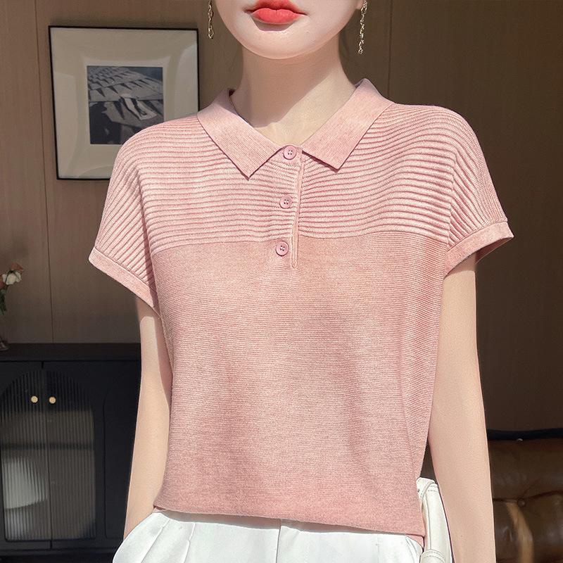 Women's Polo Collar Wool Knit Short Sleeve Casual T-Shirt for Spring/Summer