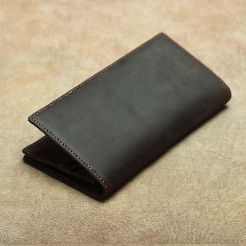 Crazy Horse Echtes Leder Bifold Lange Geldbörse für Herren Vintage Klassisch Rindsleder Herren Geldbörse Langlebiges Karten Bargeld Portemonnaie