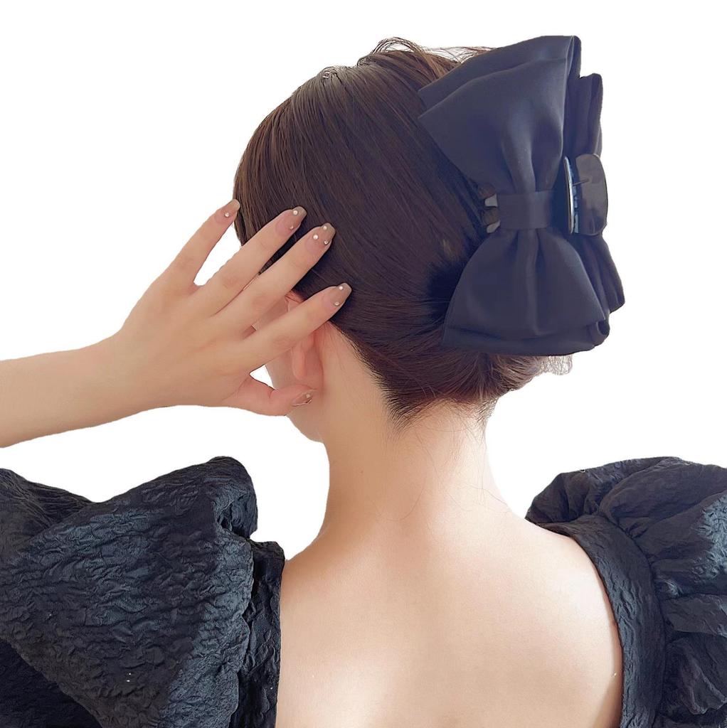 Korean Black Double-Sided Bow Hair Clip with Large Shark Clasp for Women