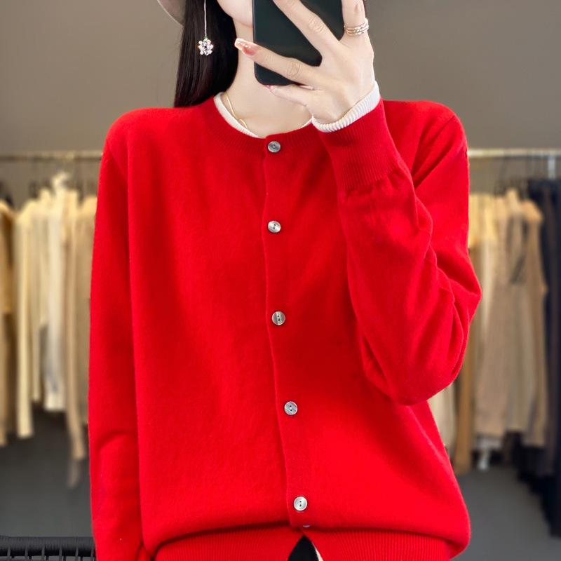 Women's Color Block Wool Cardigan - Round Neck, Loose Fit, Fake Two-Piece Knit Sweater for Spring & Autumn 2024