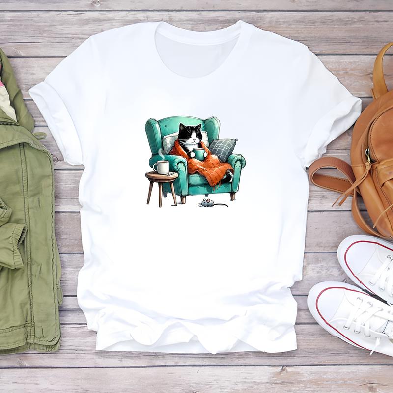 Women's Trendy T-shirt, Cute Printed Pattern, Short-sleeve Summer Daily Fashion Wear.