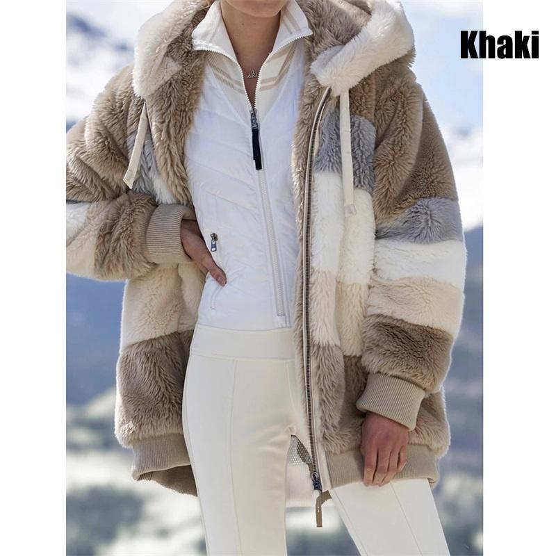 

Нова зимова жіноча модна куртка з капюшоном, тепла плюшева вільна куртка для жінок, зимовий верхній одяг у стилі печворк, жіноча куртка-парка на блискавці зі штучного хутра, великий розмір XXXXXL хакі