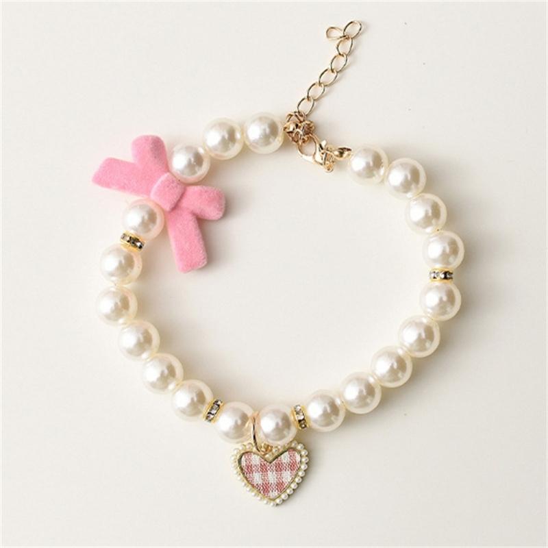 Dog Cats Pearls Necklace Handmade Pet Long Elegant Bowknot Pattern Necklace for Everyday Wear and Pet Gatherings