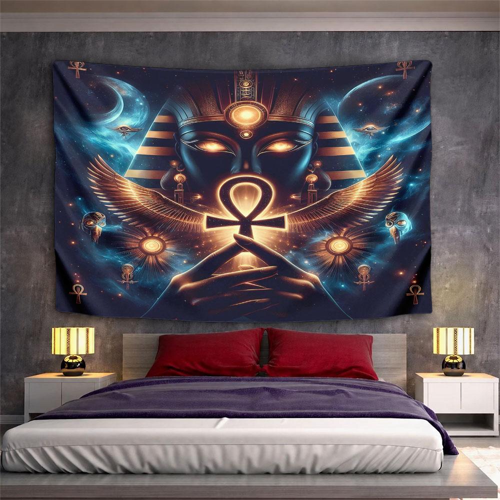 "Egyptian Ankh with Cosmic Pharaoh Art" Pattern Wall Hanging Tapestry Decorative Tapestry Home Decor for Bedroom and Living Room