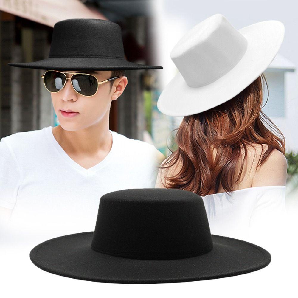 Wide Brim Felt Hat Hepburn Style Panama Hat New Flat-top Cap  Jazz