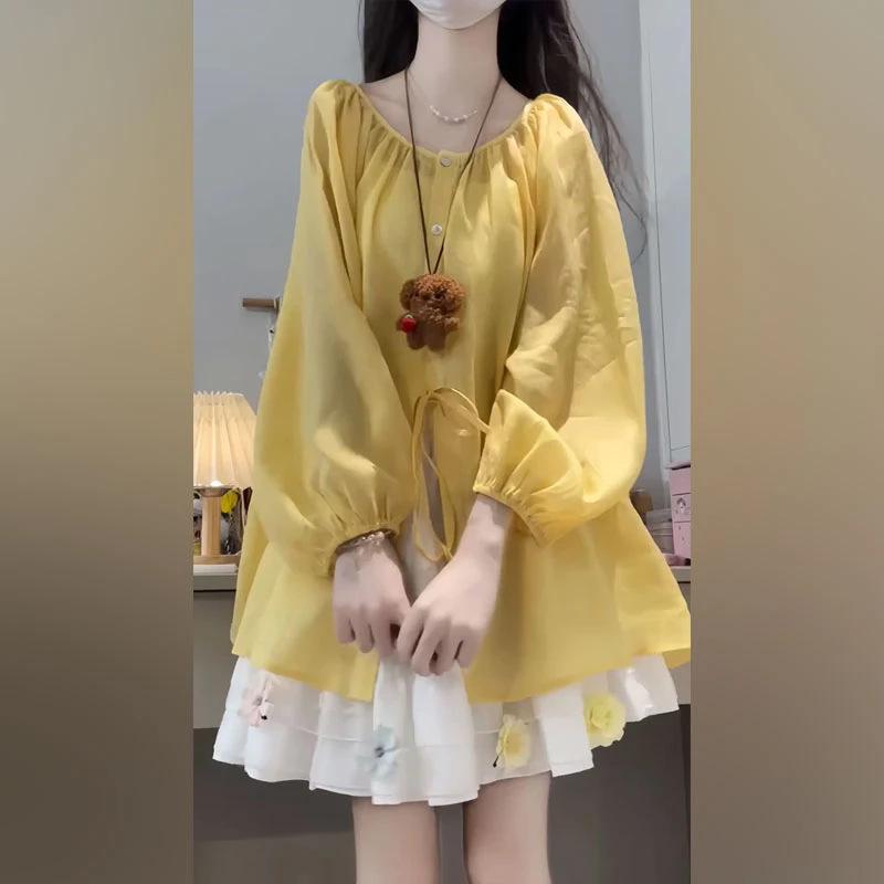 

Milk-Toned Outfit: Early Spring/Autumn 2026 French Style Loose Shirt with White Short Skirt S (80-95 lbs)