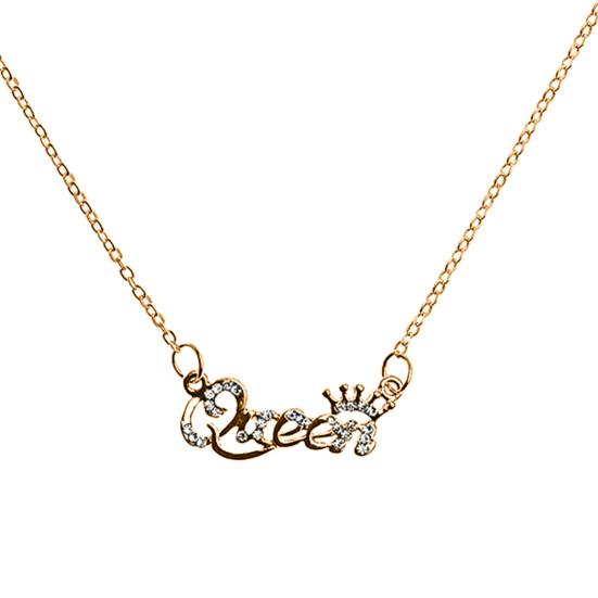 Rhinestone Skin-Touch Trendy Extension Chain Queen Letter Pendant Birthday Necklace Party