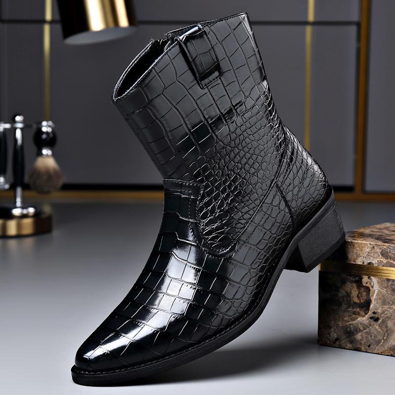 2026 Men's Crocodile Genuine Leather Chelsea Boots Black Pointed Toe Warm Lined Zip-Up Ankle Boots for Business Casual & Winter