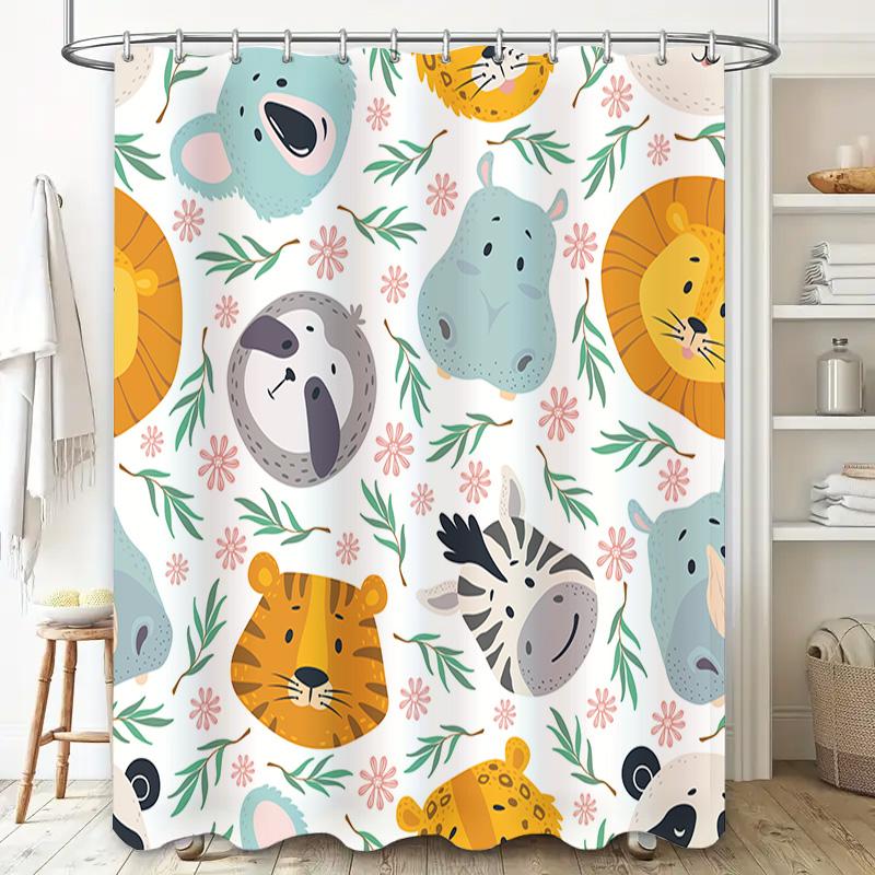 Animal Print Shower Curtain Multicolor Animal Design Bath Decor with Hooks for Home Decoration (White)