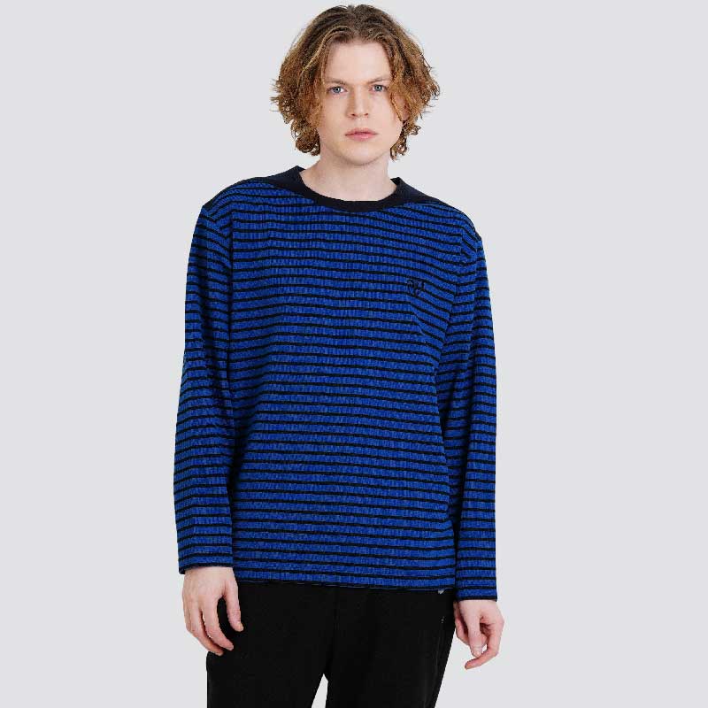 CUSTOMUS Contrast Shoulder Yarn-Dyed Stripe Long Sleeve Round Neck T-Shirt Cxs25Fkrt802 Blu