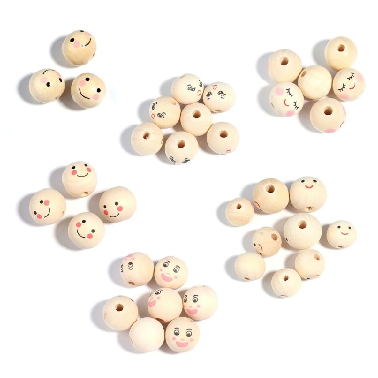50Pcs Loose Round Wood Beads Face Jewelry DIY Children Beading Smile Beads
