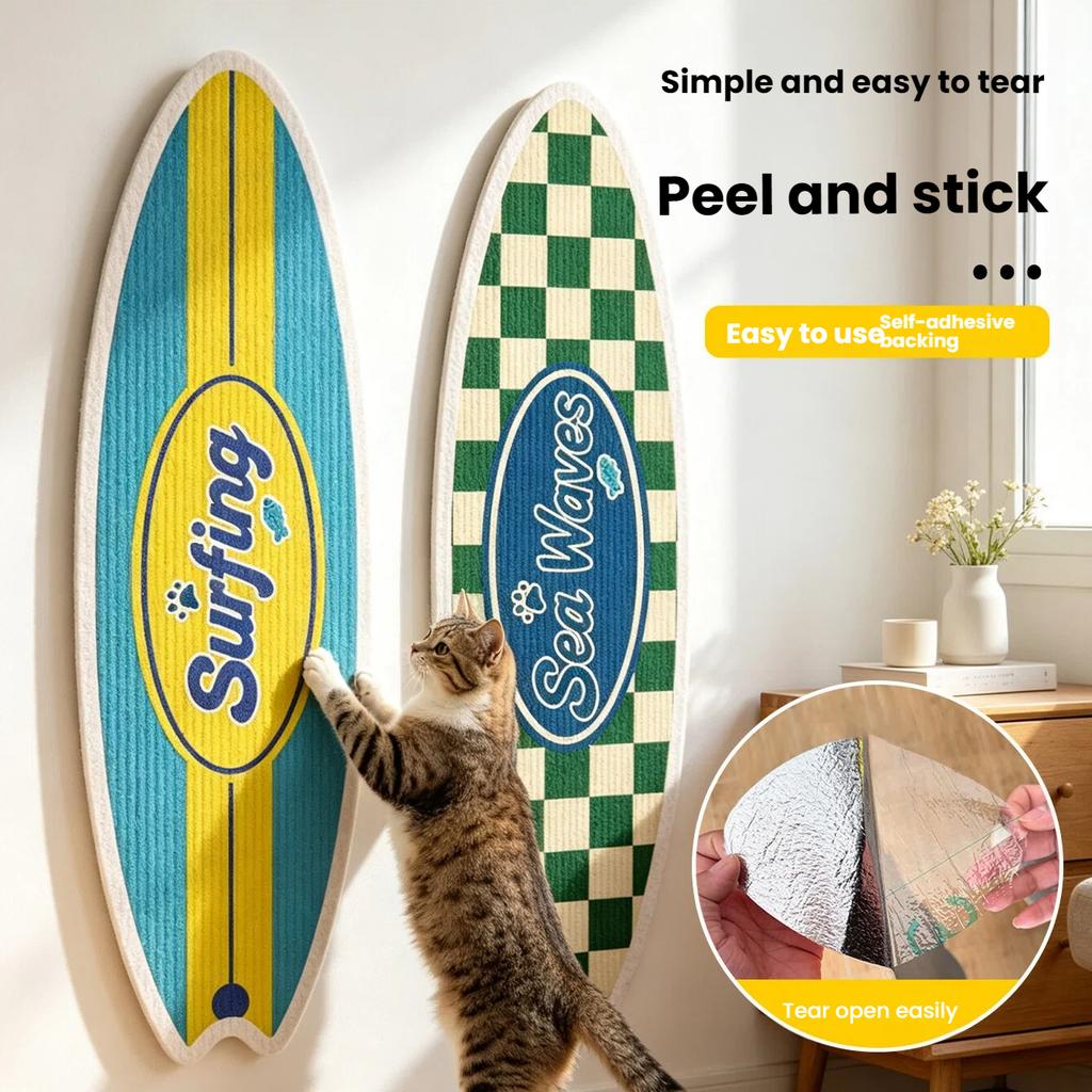 A Cat Scratcher Post in the Shape of a Surfboard, Wall-mounted, Made of Natural Sisal Material, and Free of Debris, Toy for Cats
