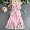 Embroidery Formal Luxury Evening Midi Dress Women Summer Beaded Peter Pan Collar Crochet Flower Hollow Out Short Sleeve Midi Dresses